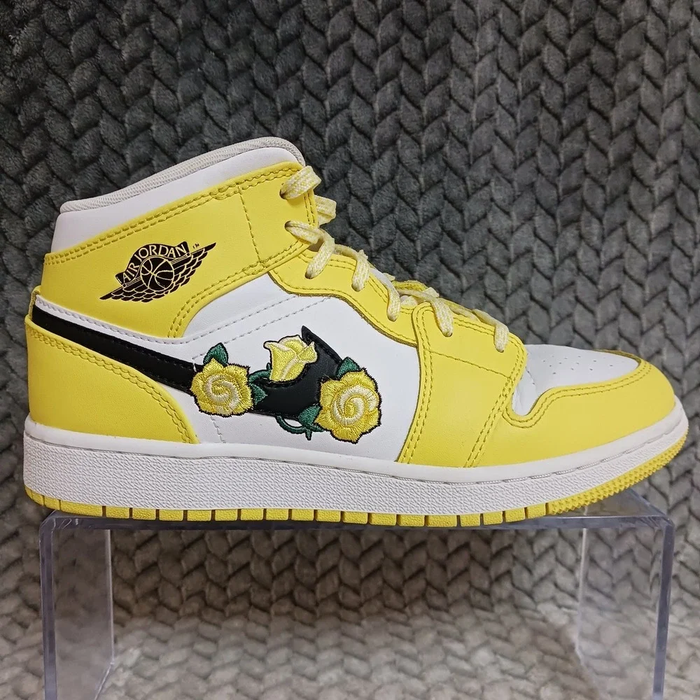Air Jordan 1 Retro Mid SE GS Dynamic Yellow Floral Rose Patch Shoes Size 4.5Y